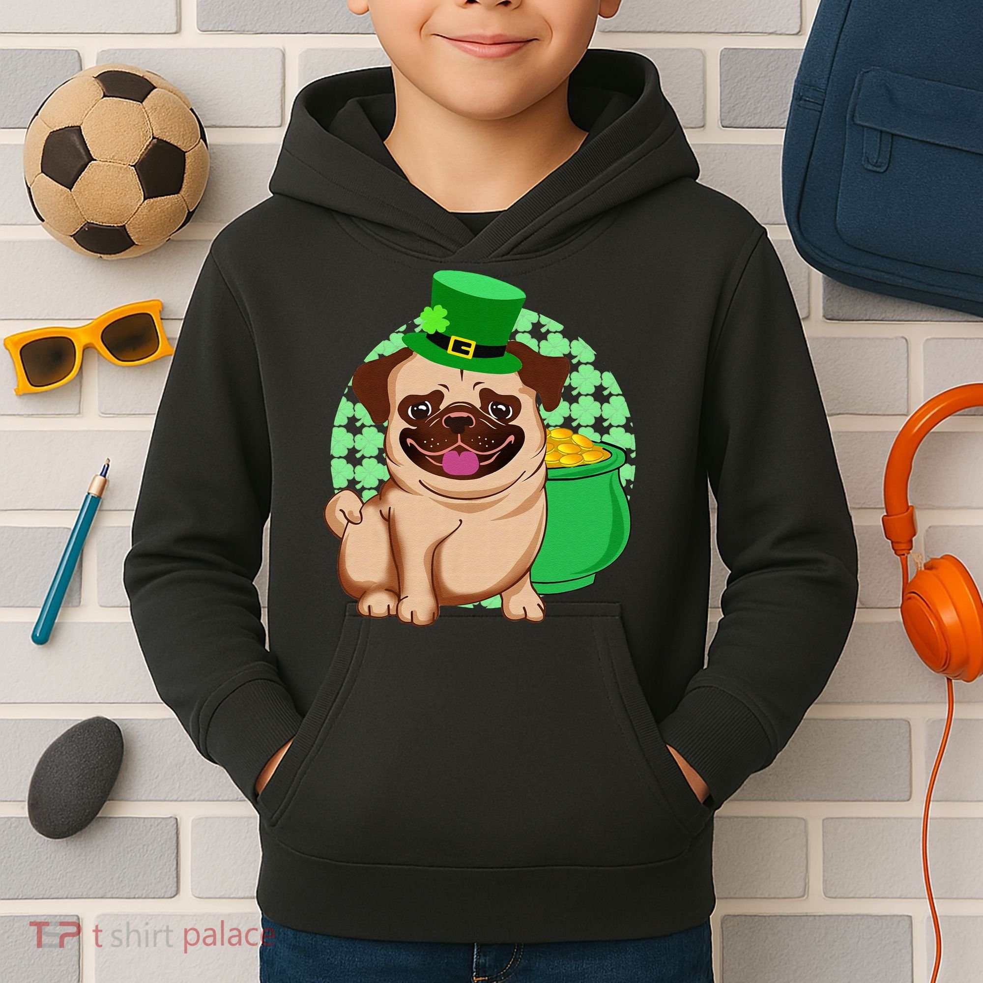 St Patricks Day Lucky Pug Dog Leprechaun Irish Shamrock Kids Hoodie