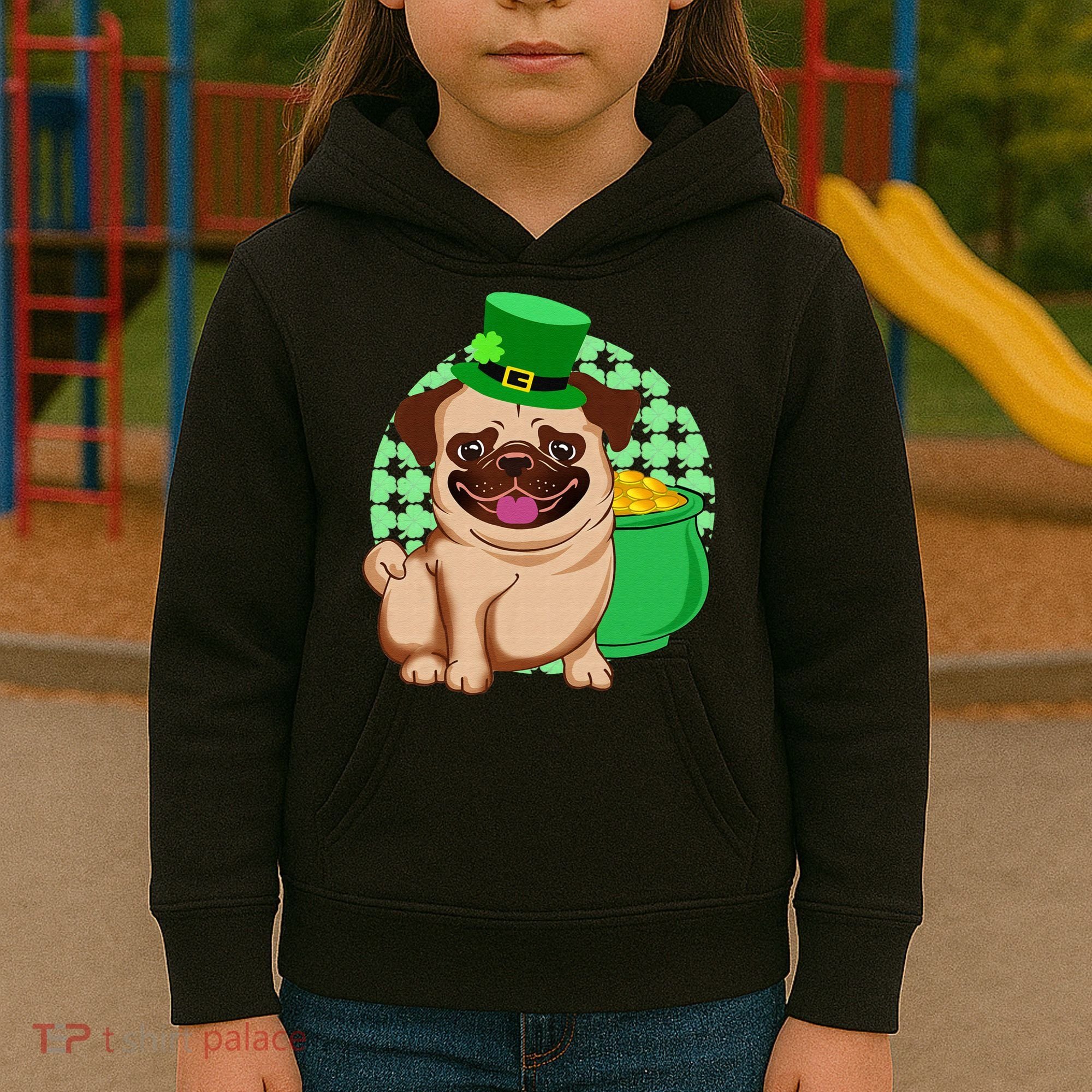 St Patricks Day Lucky Pug Dog Leprechaun Irish Shamrock Kids Hoodie