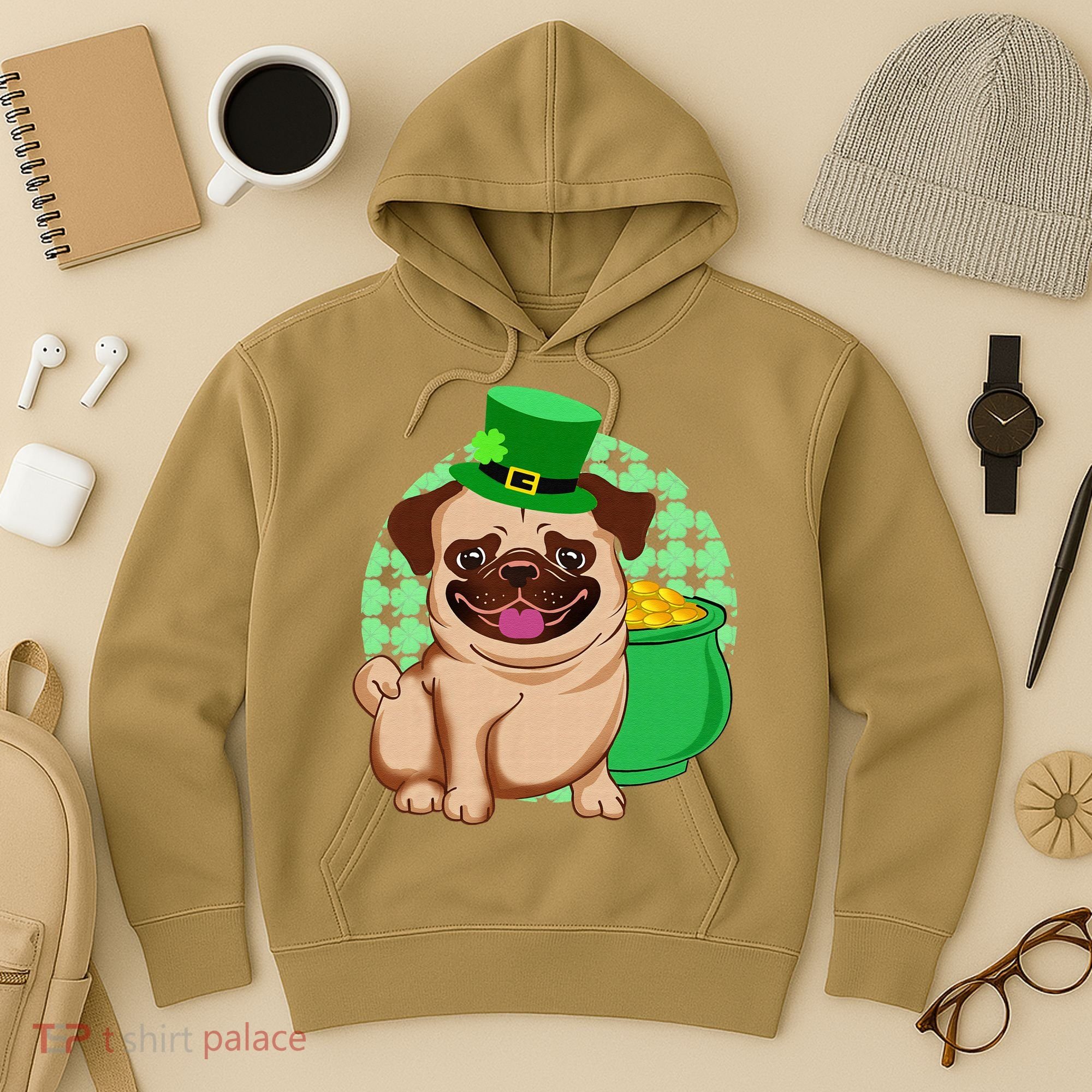 St Patricks Day Lucky Pug Dog Leprechaun Irish Shamrock Hoodie
