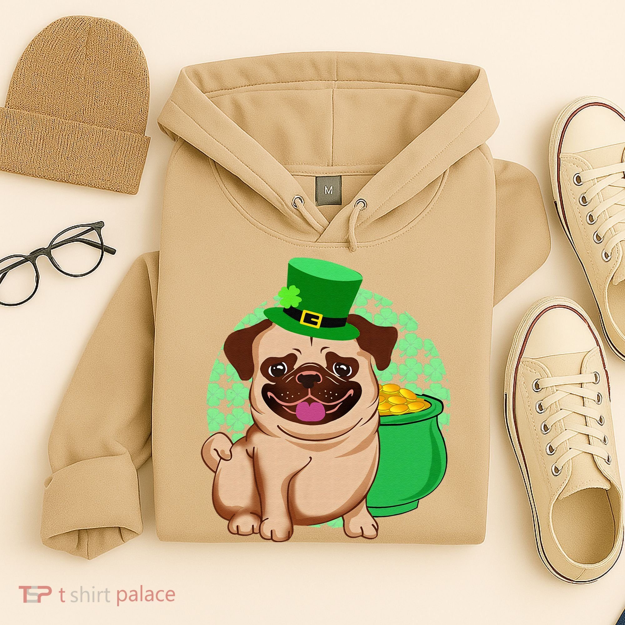St Patricks Day Lucky Pug Dog Leprechaun Irish Shamrock Hoodie