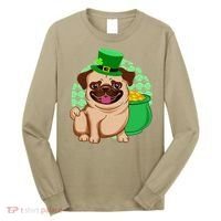 St Patricks Day Lucky Pug Dog Leprechaun Irish Shamrock Long Sleeve Shirt thumb 0