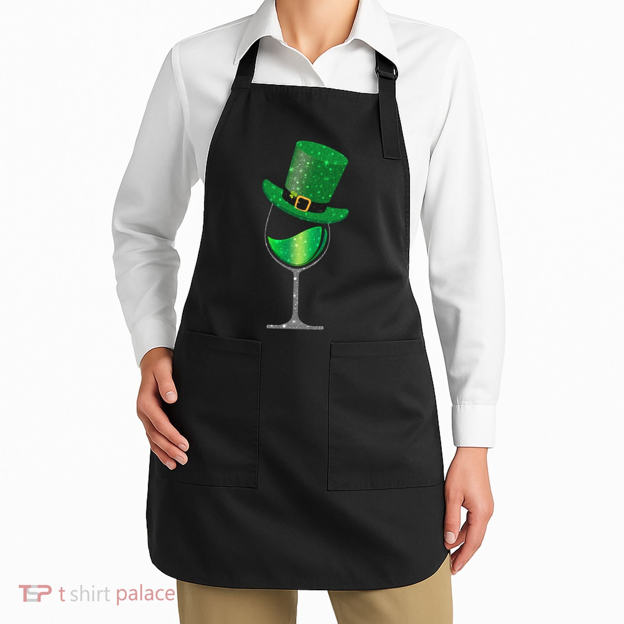St Patricks Day Lucky Sparkly Wine Glass Apron