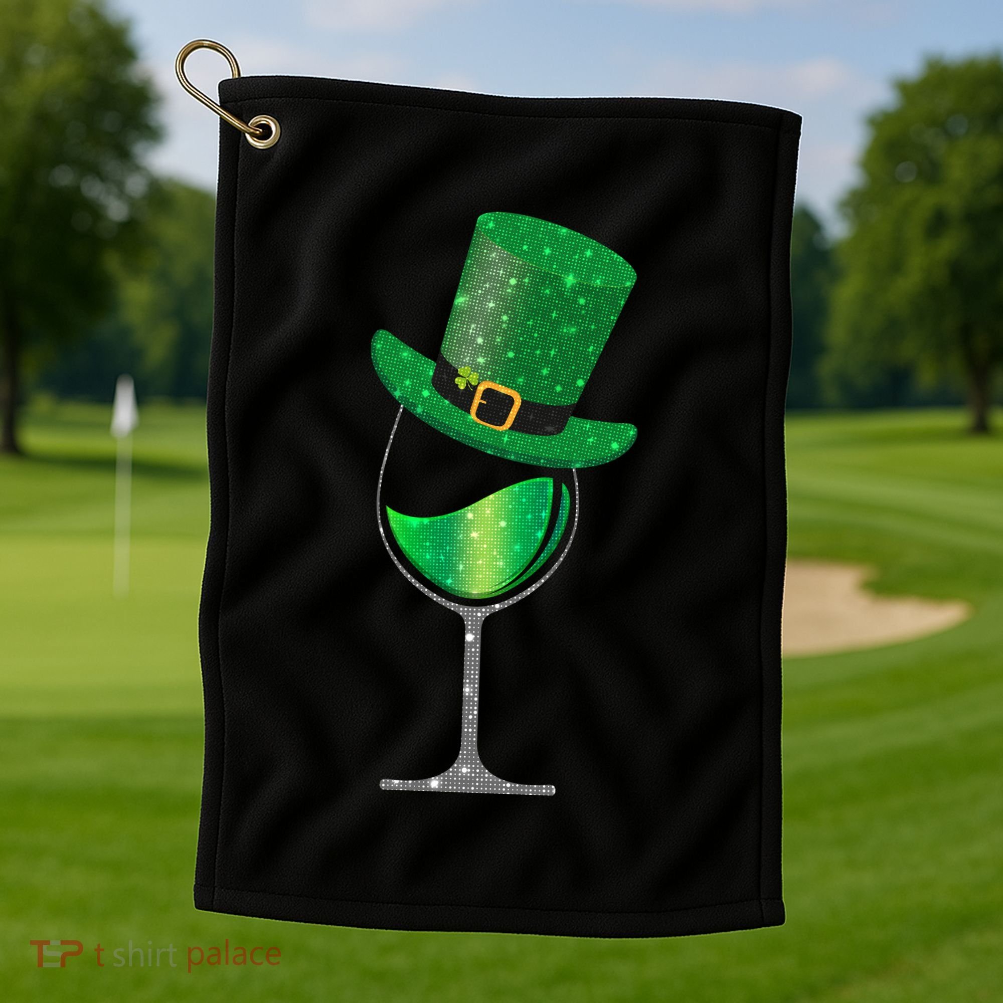 St Patricks Day Lucky Sparkly Wine Glass Golf Towel