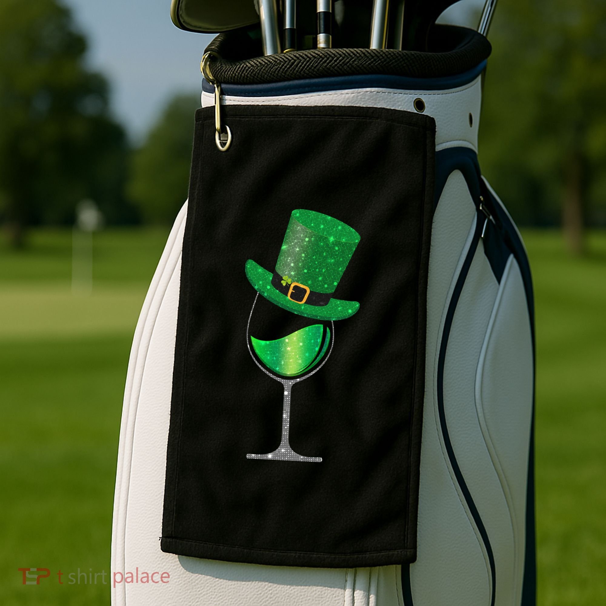 St Patricks Day Lucky Sparkly Wine Glass Golf Towel