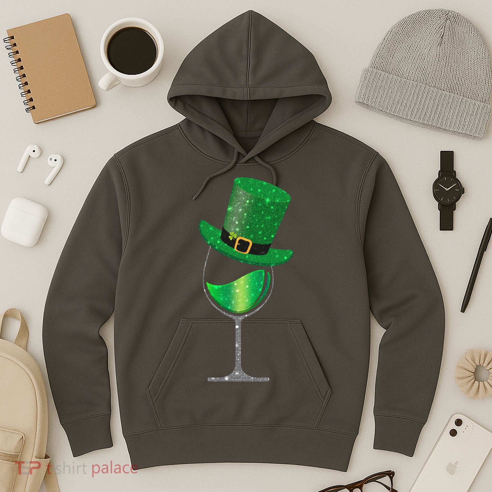 St Patricks Day Lucky Sparkly Wine Glass Hoodie