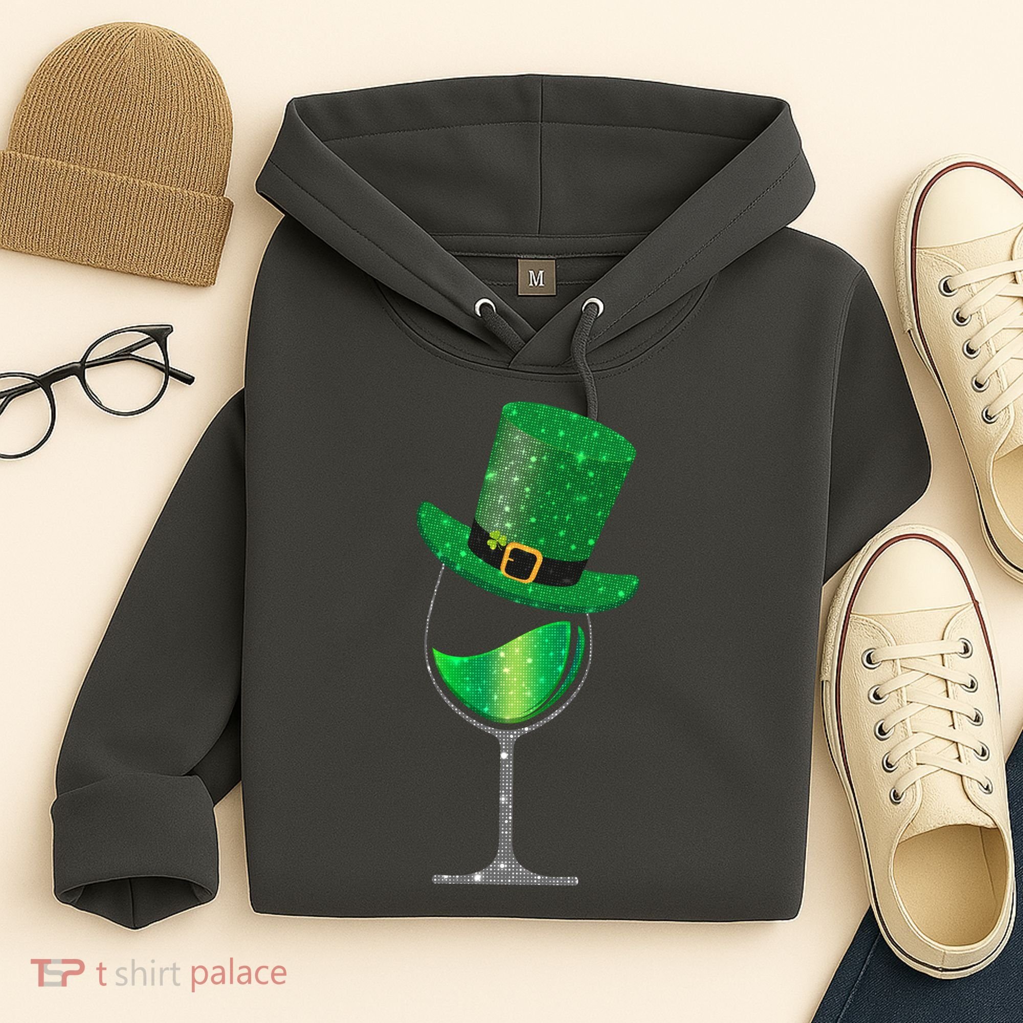 St Patricks Day Lucky Sparkly Wine Glass Hoodie