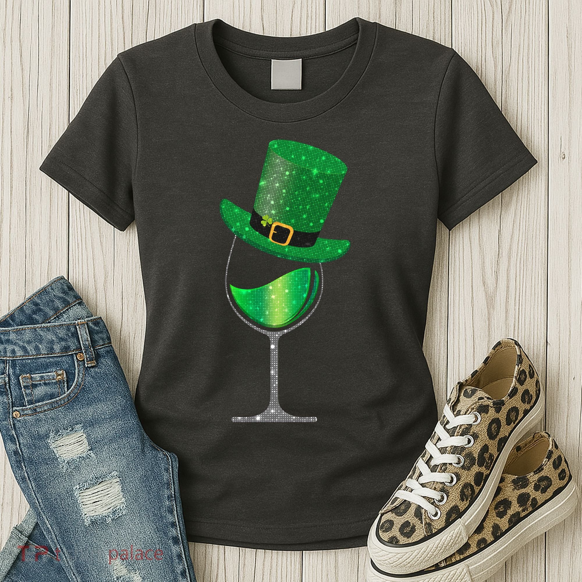 St Patricks Day Lucky Sparkly Wine Glass Women's T-Shirt