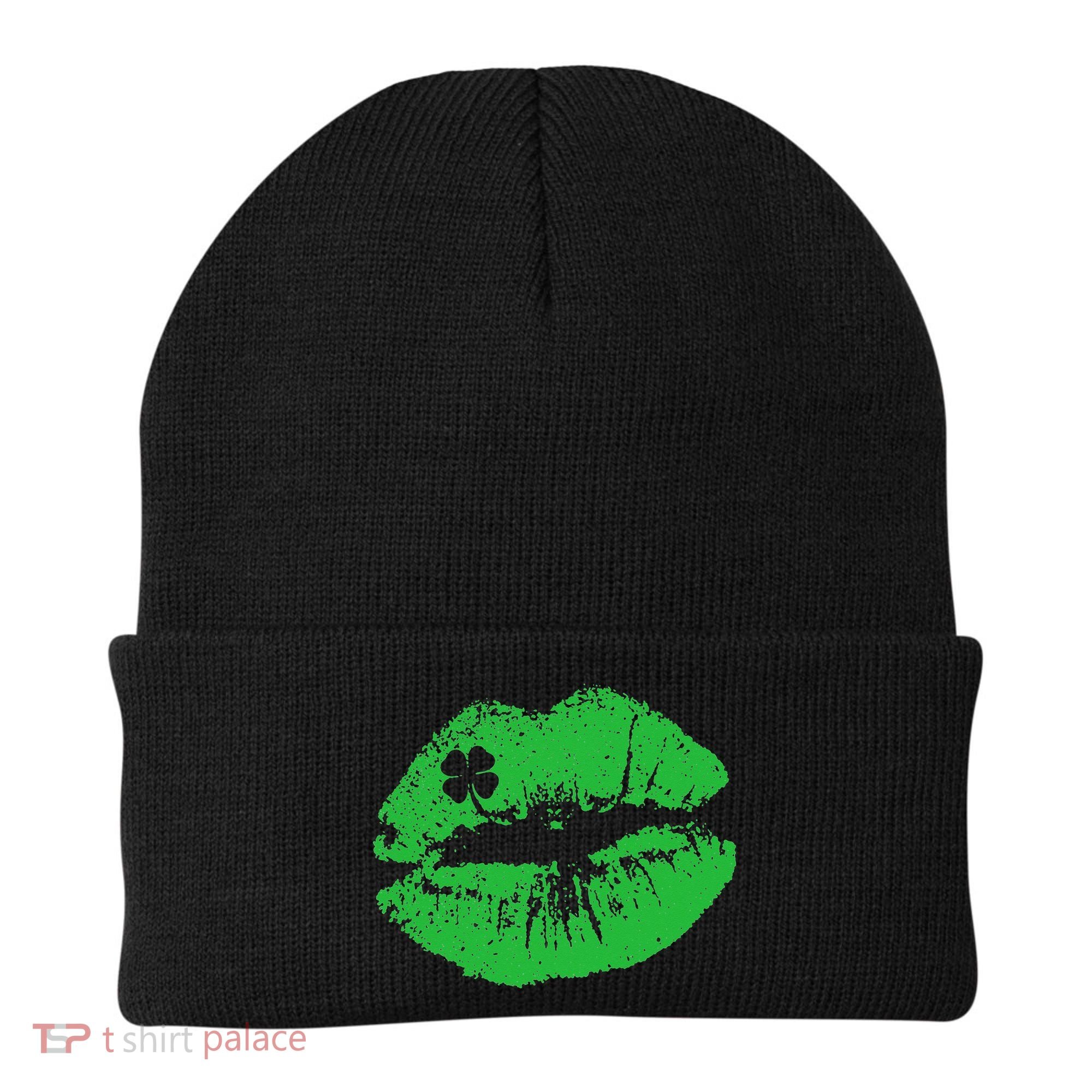 St Patricks Day Funny Kissin Lips Kissing Irish Clover Beanie