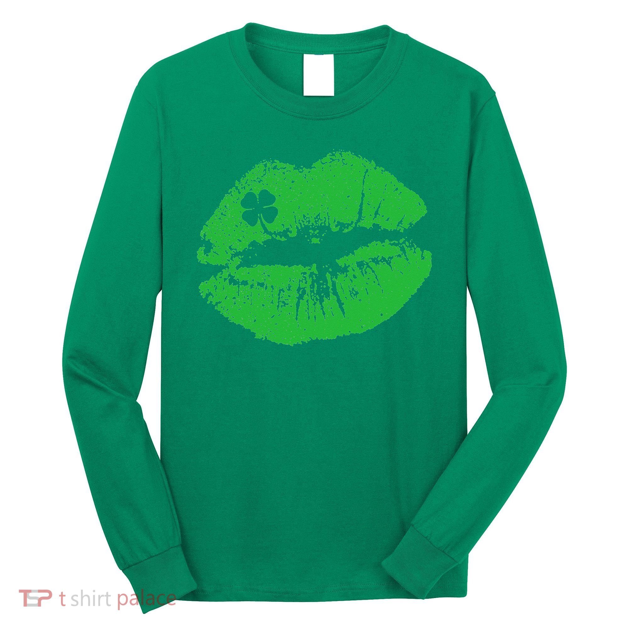 St Patricks Day Funny Kissin Lips Kissing Irish Clover Long Sleeve Shirt