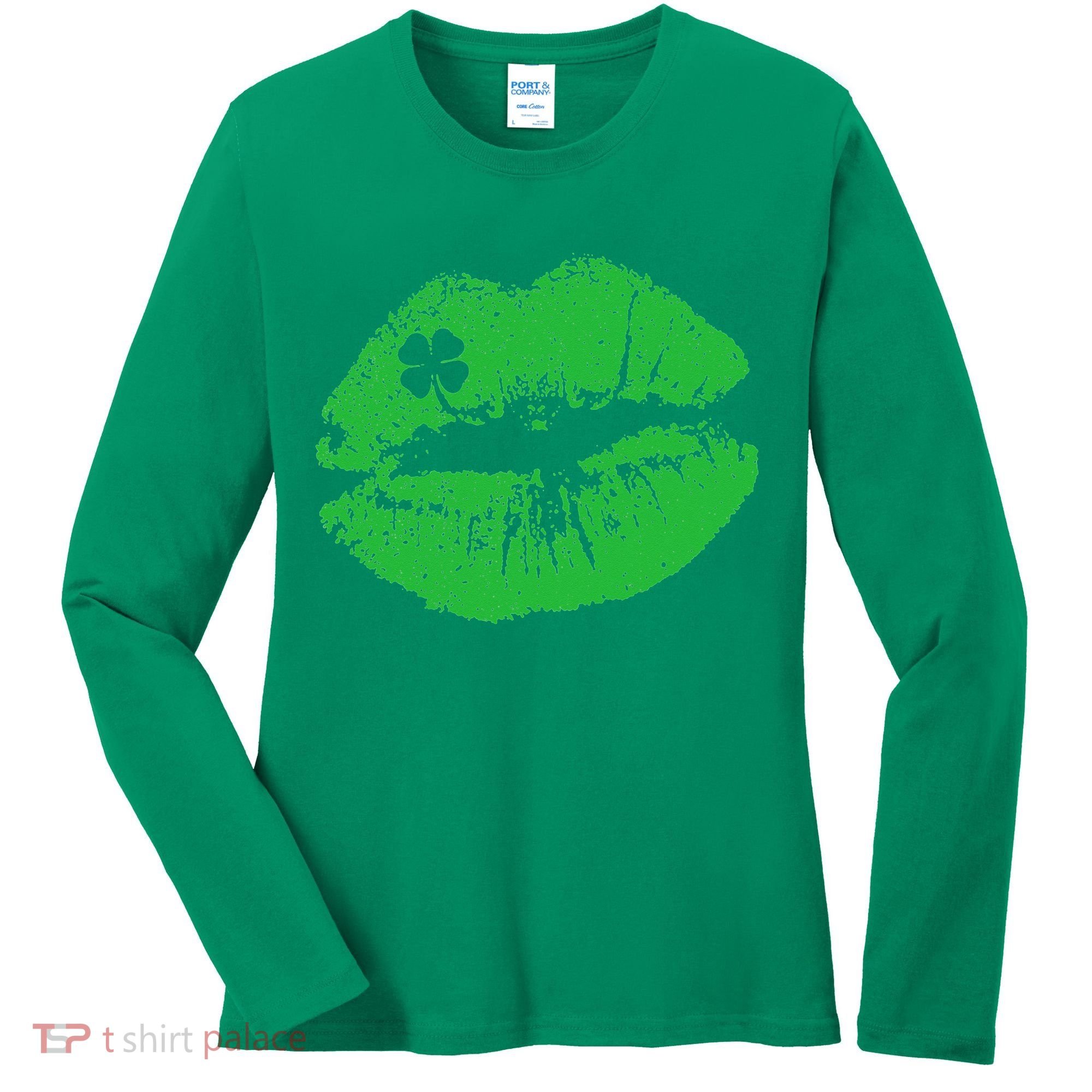 St Patricks Day Funny Kissin Lips Kissing Irish Clover Women's Long Sleeve Shirt