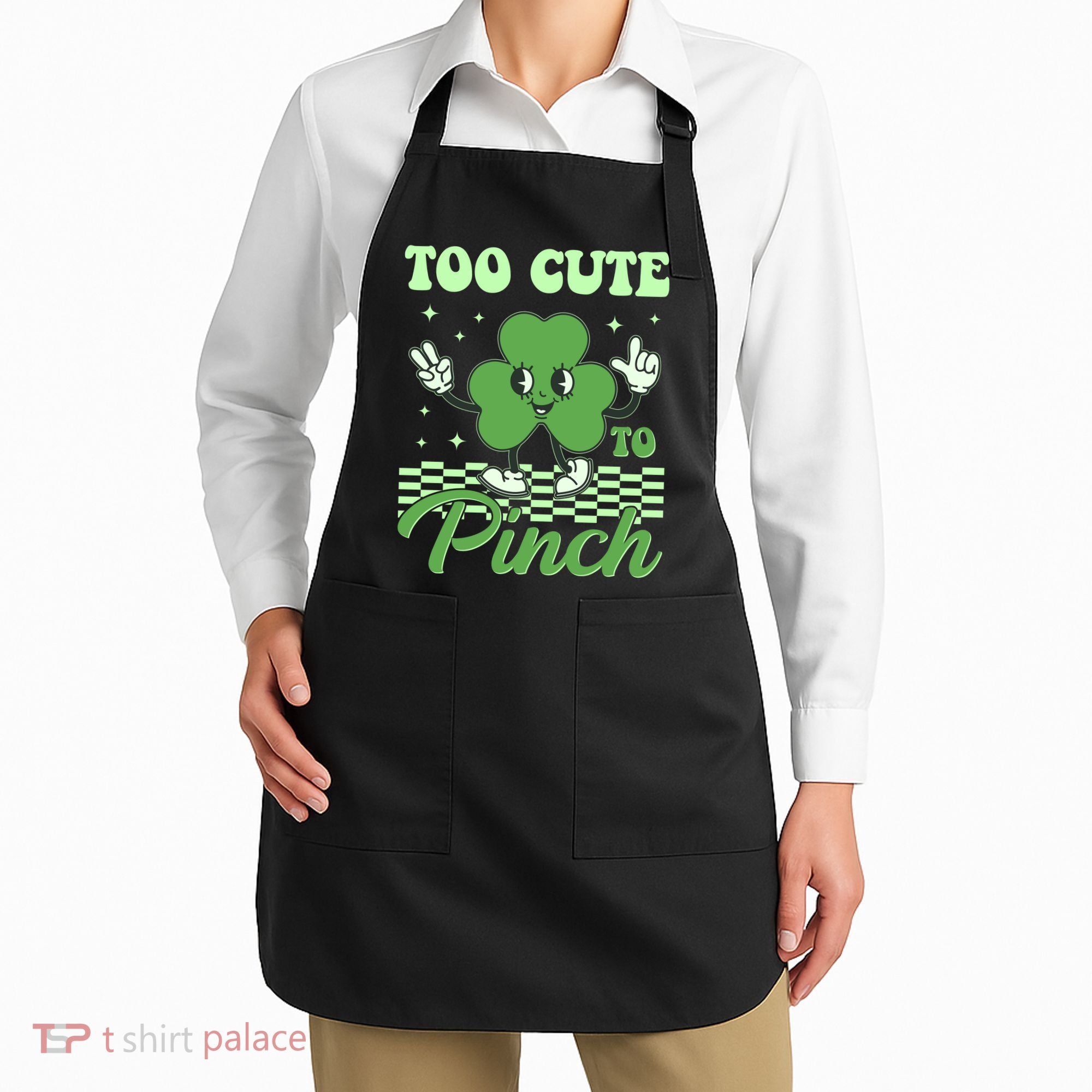 St Patricks Day Too Cute To Pinch Retro Cartoon Shamrock Clover Apron
