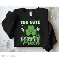 St Patricks Day Too Cute To Pinch Retro Cartoon Shamrock Clover Sweatshirt thumb 2
