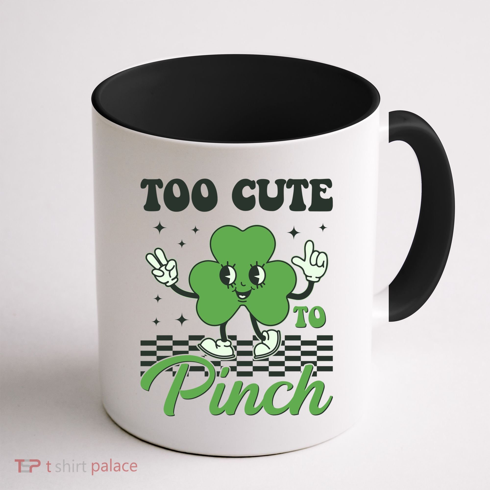 St Patricks Day Too Cute To Pinch Retro Cartoon Shamrock Clover Coffee Mug