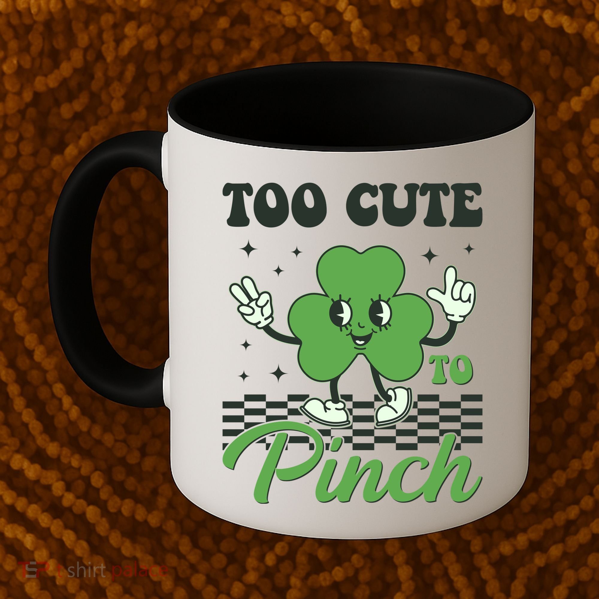 St Patricks Day Too Cute To Pinch Retro Cartoon Shamrock Clover Coffee Mug