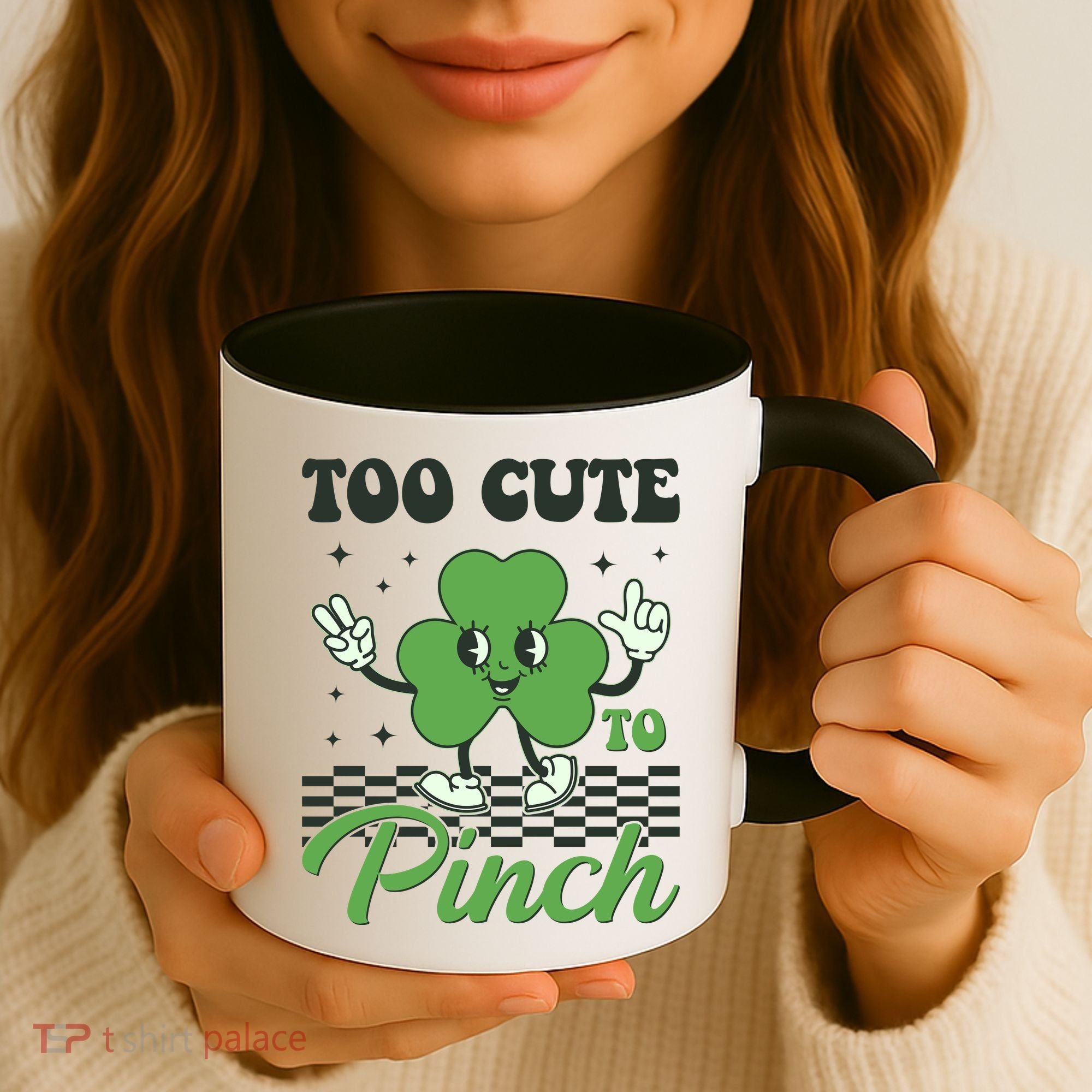 St Patricks Day Too Cute To Pinch Retro Cartoon Shamrock Clover Coffee Mug