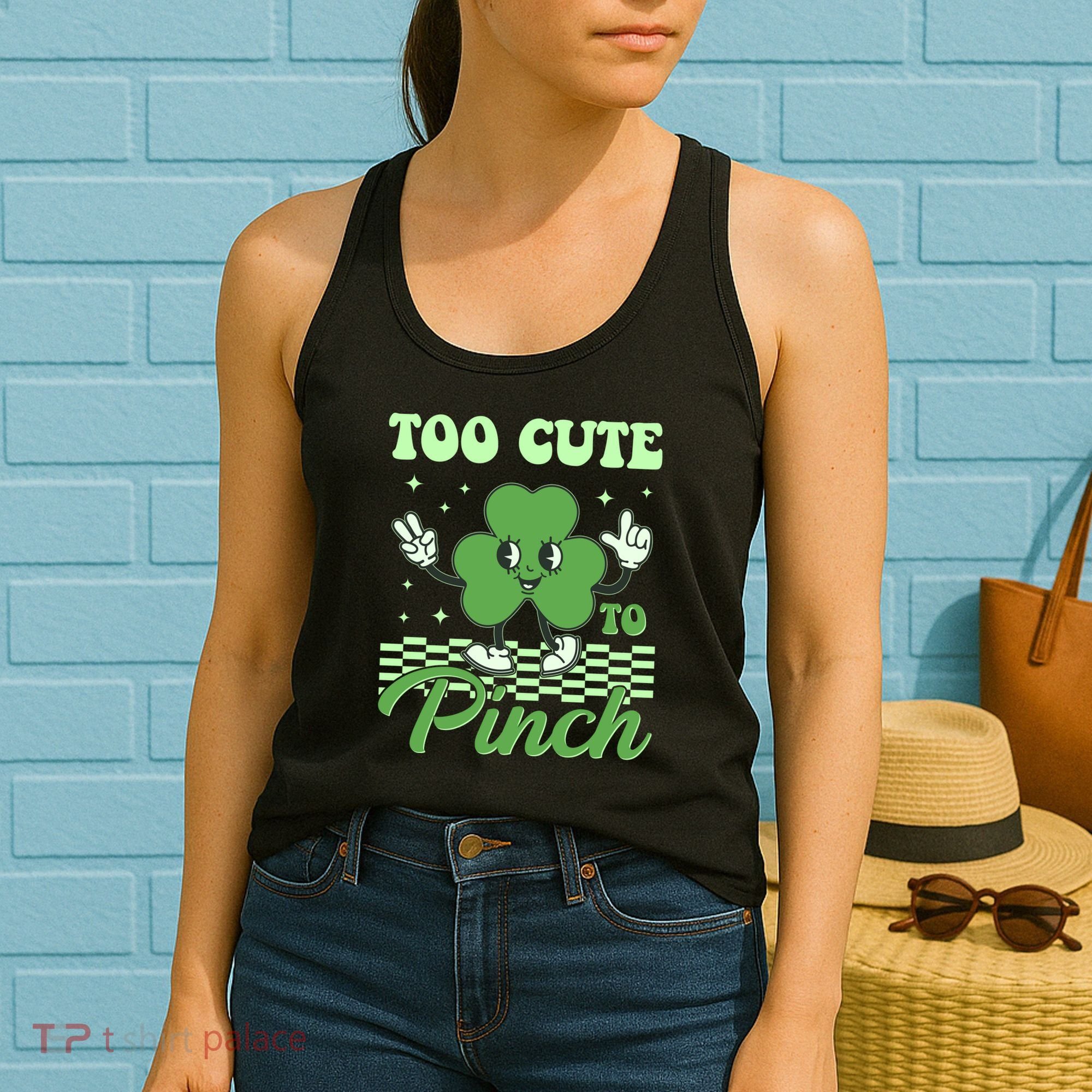 St Patricks Day Too Cute To Pinch Retro Cartoon Shamrock Clover Women's Tank Top