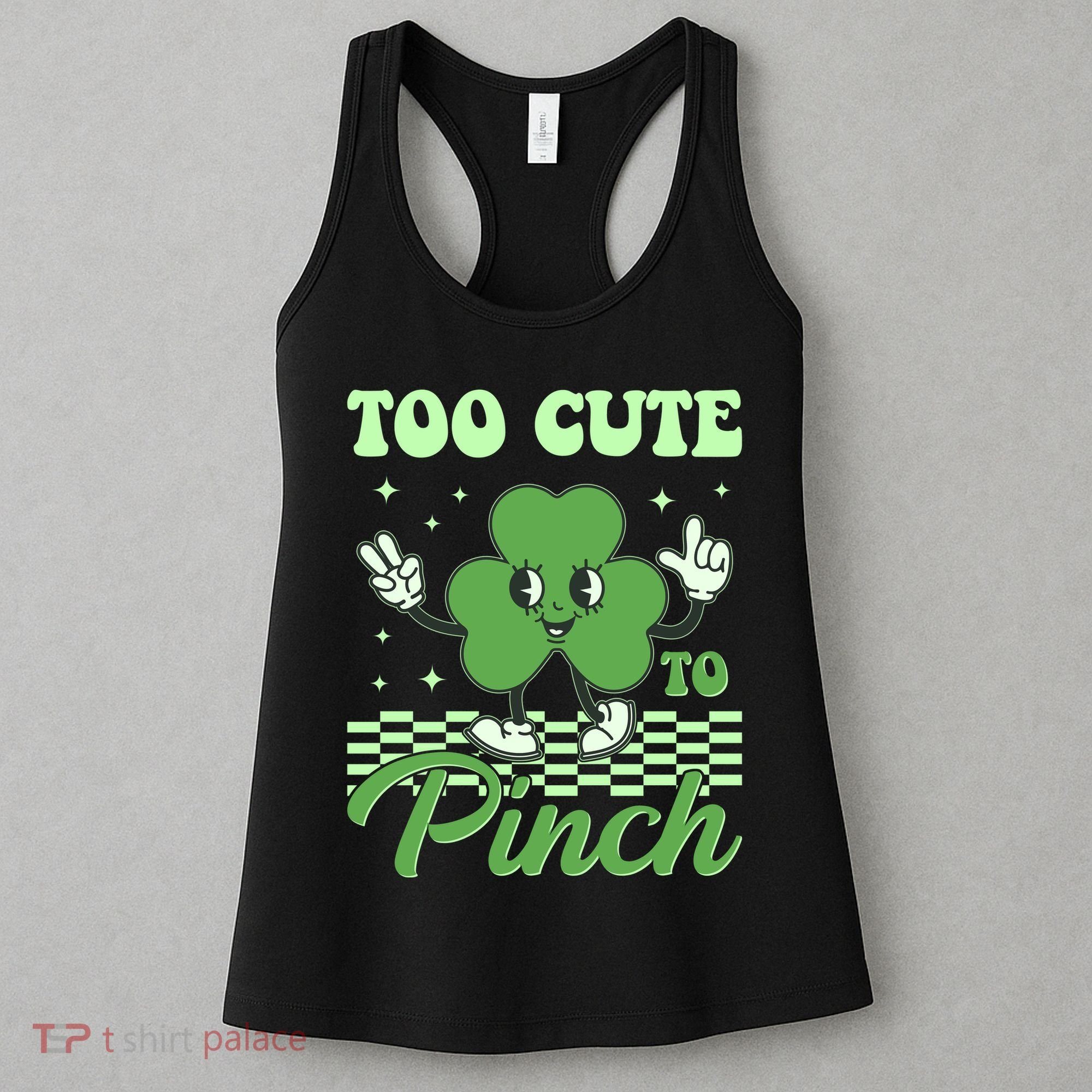 St Patricks Day Too Cute To Pinch Retro Cartoon Shamrock Clover Women's Tank Top