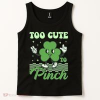 St Patricks Day Too Cute To Pinch Retro Cartoon Shamrock Clover Tank Top thumb 2