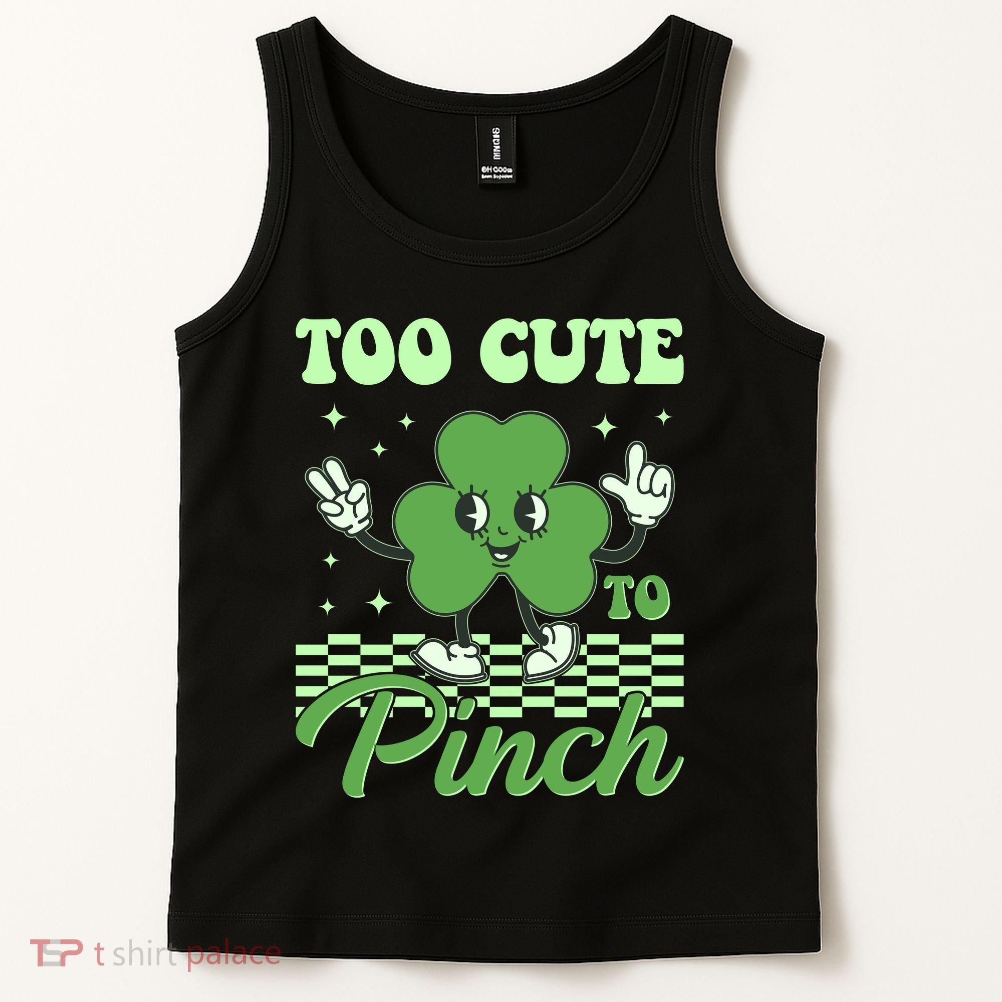 St Patricks Day Too Cute To Pinch Retro Cartoon Shamrock Clover Tank Top
