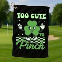 St Patricks Day Too Cute To Pinch Retro Cartoon Shamrock Clover Golf Towel thumb 1