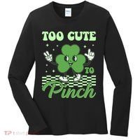 St Patricks Day Too Cute To Pinch Retro Cartoon Shamrock Clover Women's Long Sleeve Shirt thumb 0