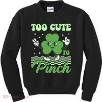 St Patricks Day Too Cute To Pinch Retro Cartoon Shamrock Clover Kids Sweatshirt thumb 0