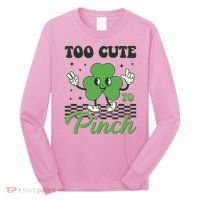 St Patricks Day Too Cute To Pinch Retro Cartoon Shamrock Clover Long Sleeve Shirt thumb 0