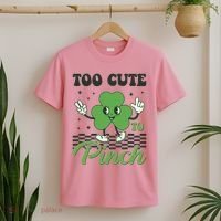 St Patricks Day Too Cute To Pinch Retro Cartoon Shamrock Clover T-Shirt thumb 2