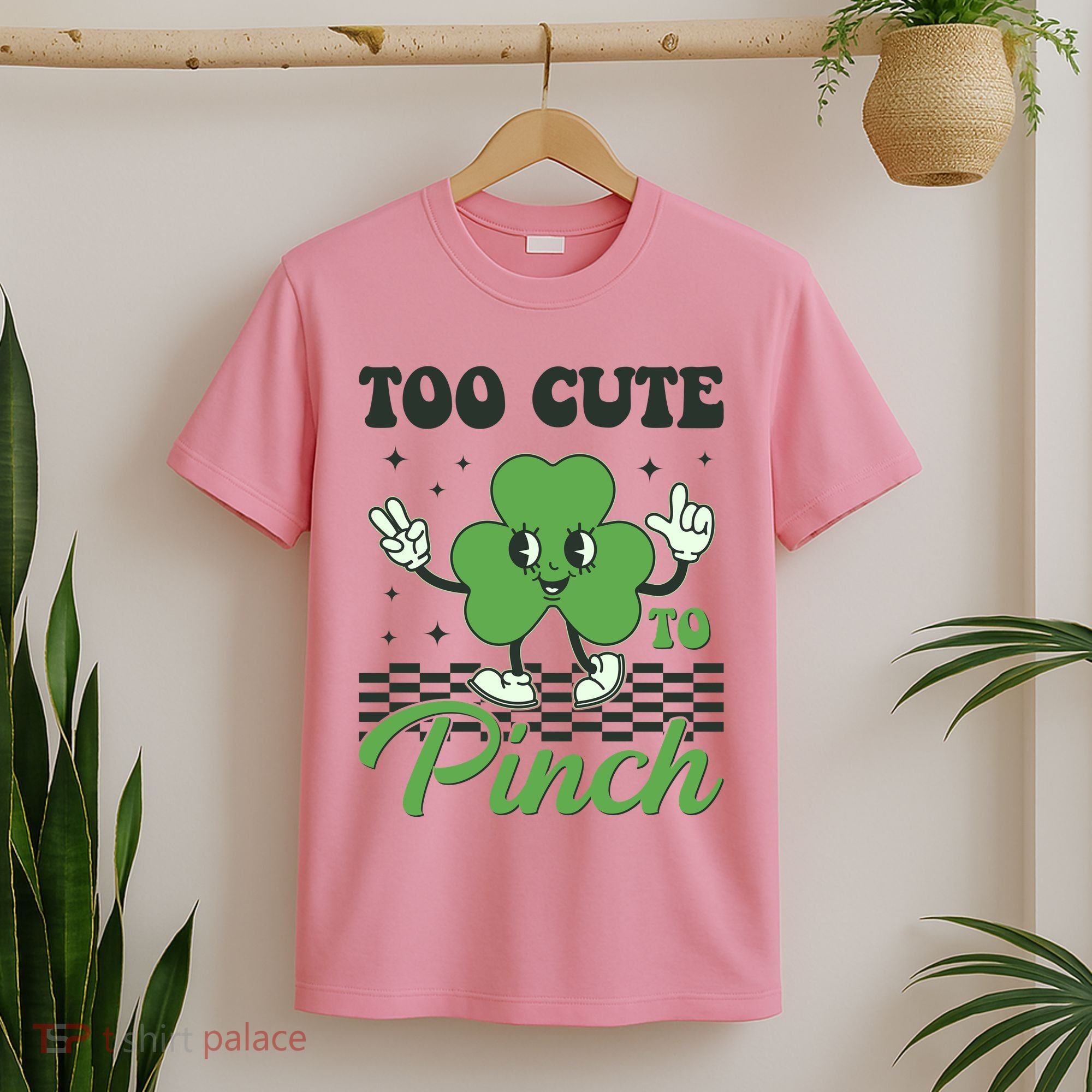 St Patricks Day Too Cute To Pinch Retro Cartoon Shamrock Clover T-Shirt