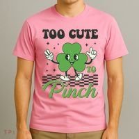 St Patricks Day Too Cute To Pinch Retro Cartoon Shamrock Clover T-Shirt thumb 3