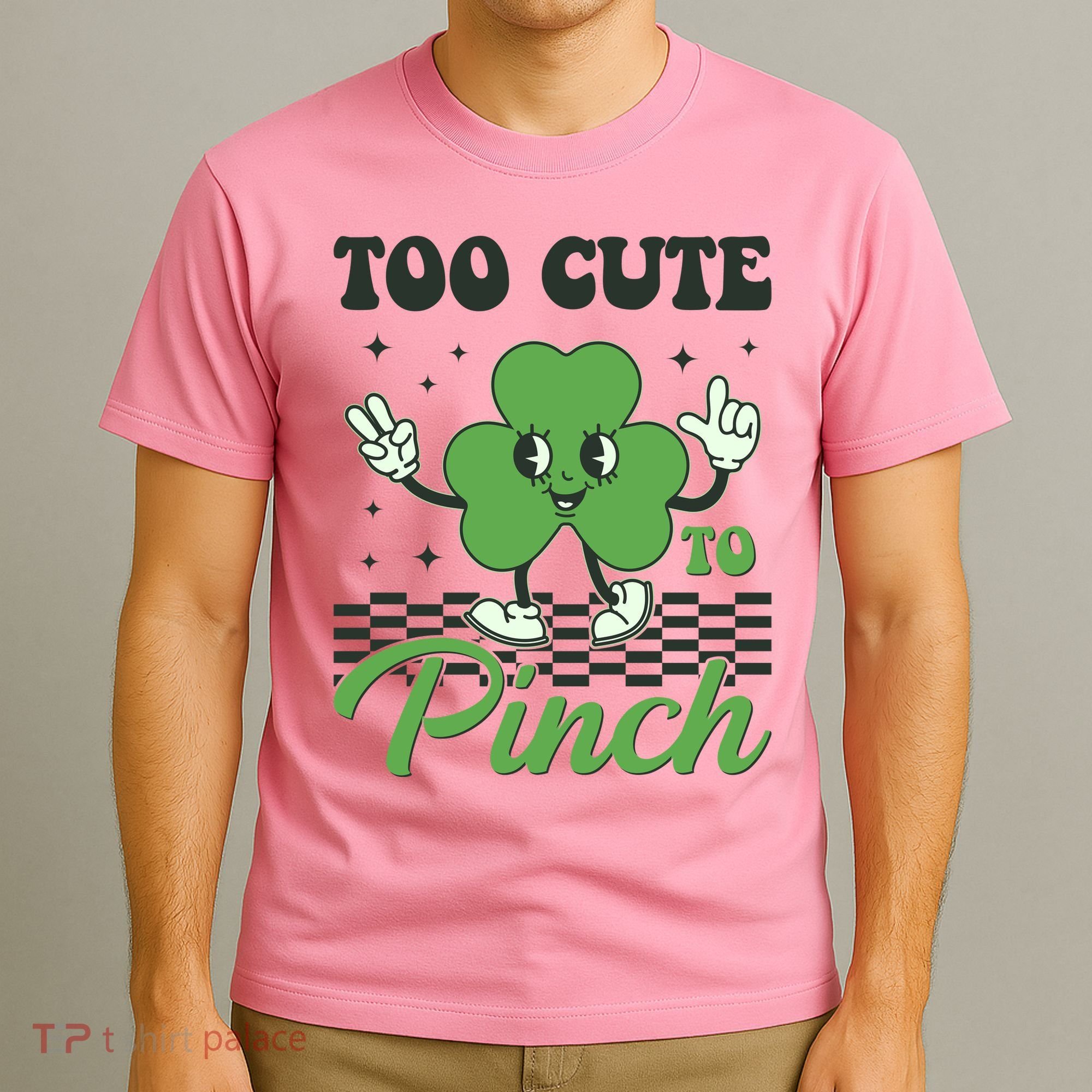 St Patricks Day Too Cute To Pinch Retro Cartoon Shamrock Clover T-Shirt