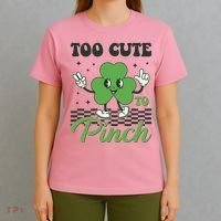 St Patricks Day Too Cute To Pinch Retro Cartoon Shamrock Clover T-Shirt thumb 4