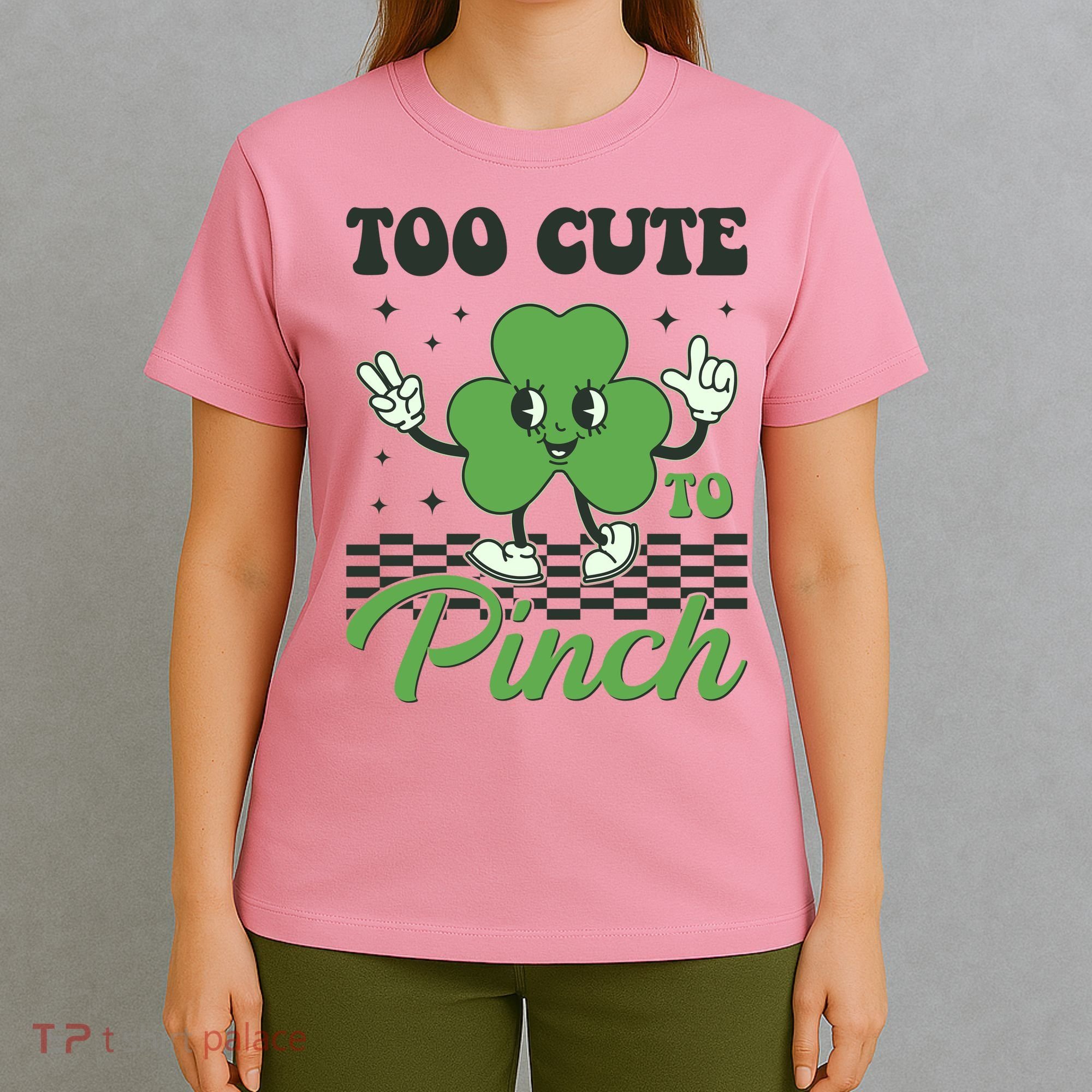 St Patricks Day Too Cute To Pinch Retro Cartoon Shamrock Clover T-Shirt