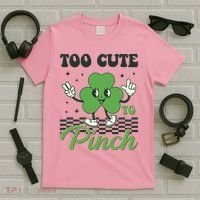 St Patricks Day Too Cute To Pinch Retro Cartoon Shamrock Clover T-Shirt thumb 5