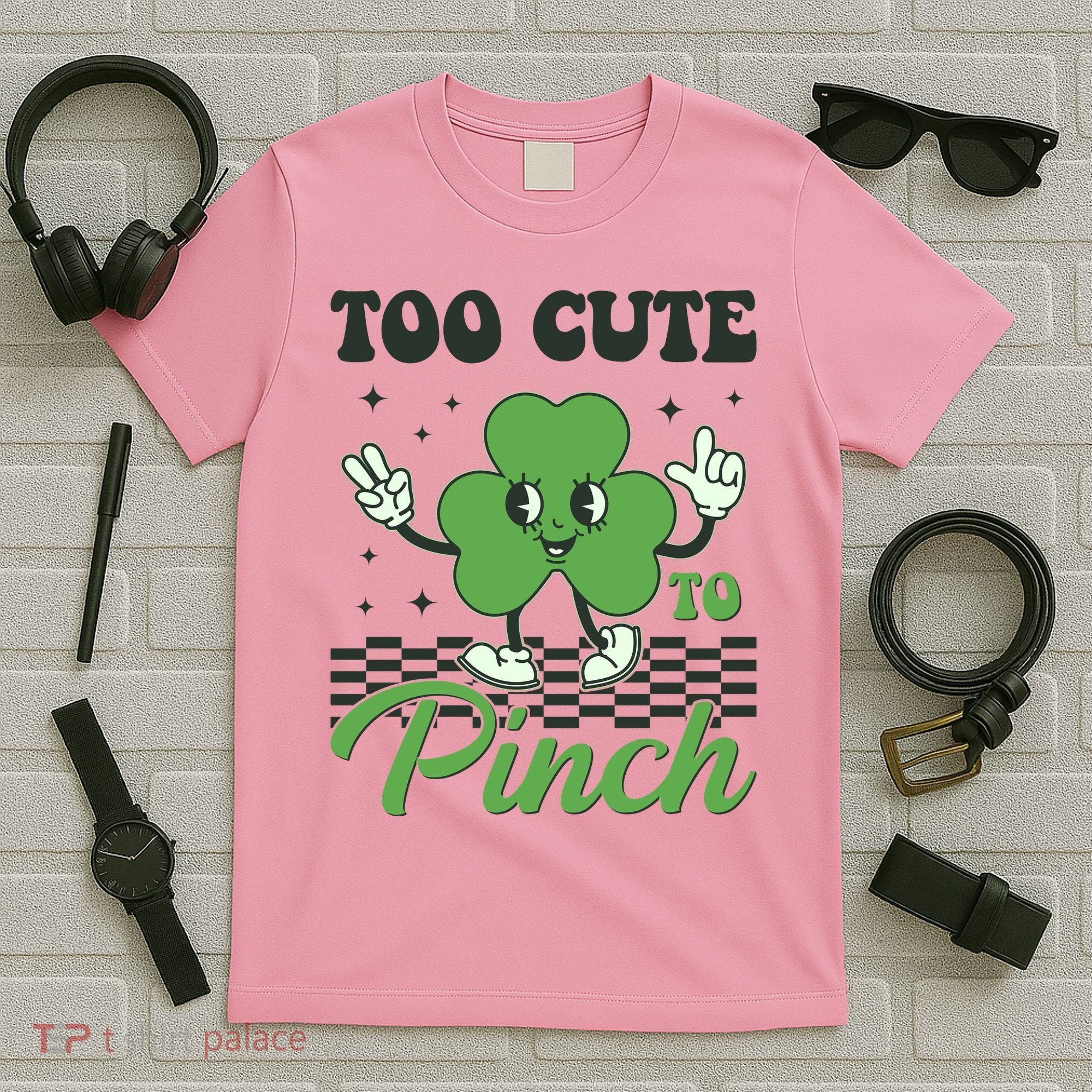 St Patricks Day Too Cute To Pinch Retro Cartoon Shamrock Clover T-Shirt