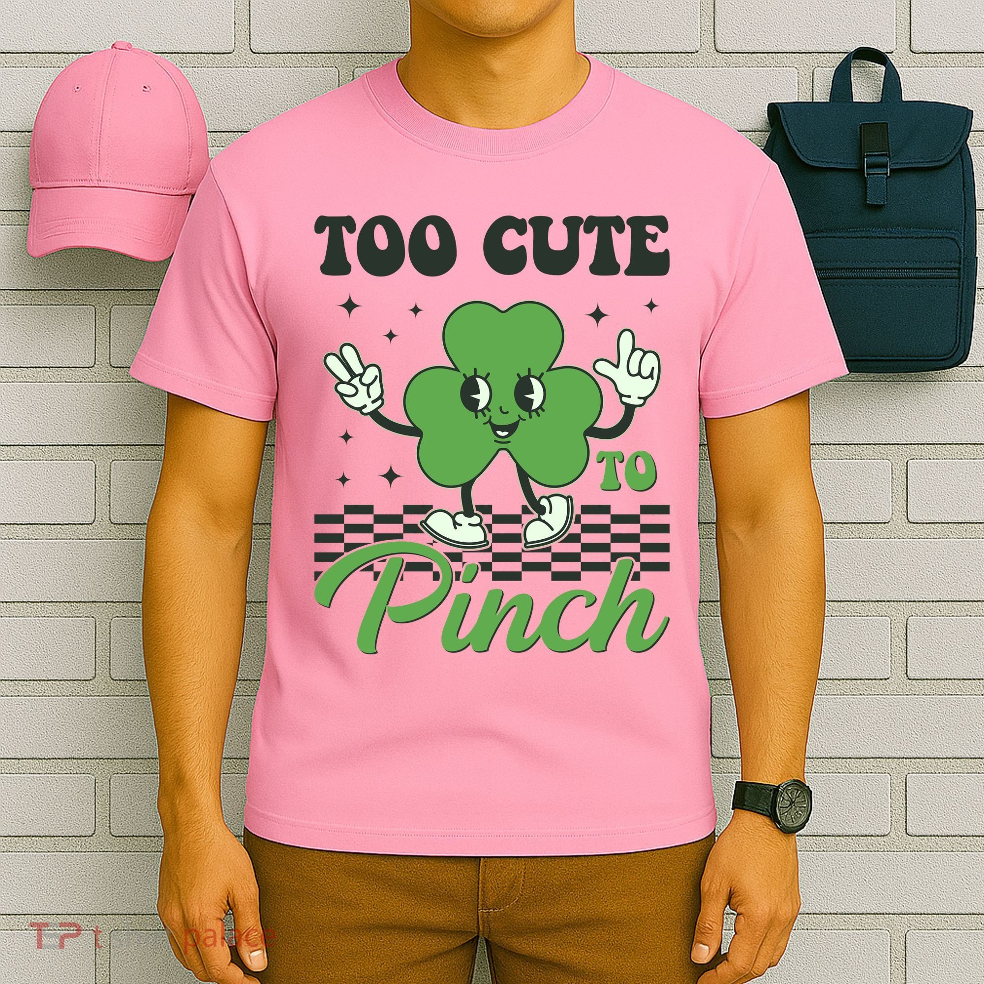 St Patricks Day Too Cute To Pinch Retro Cartoon Shamrock Clover T-Shirt
