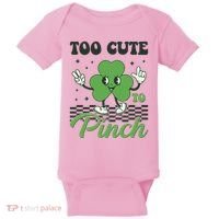 St Patricks Day Too Cute To Pinch Retro Cartoon Shamrock Clover Baby Bodysuit thumb 0
