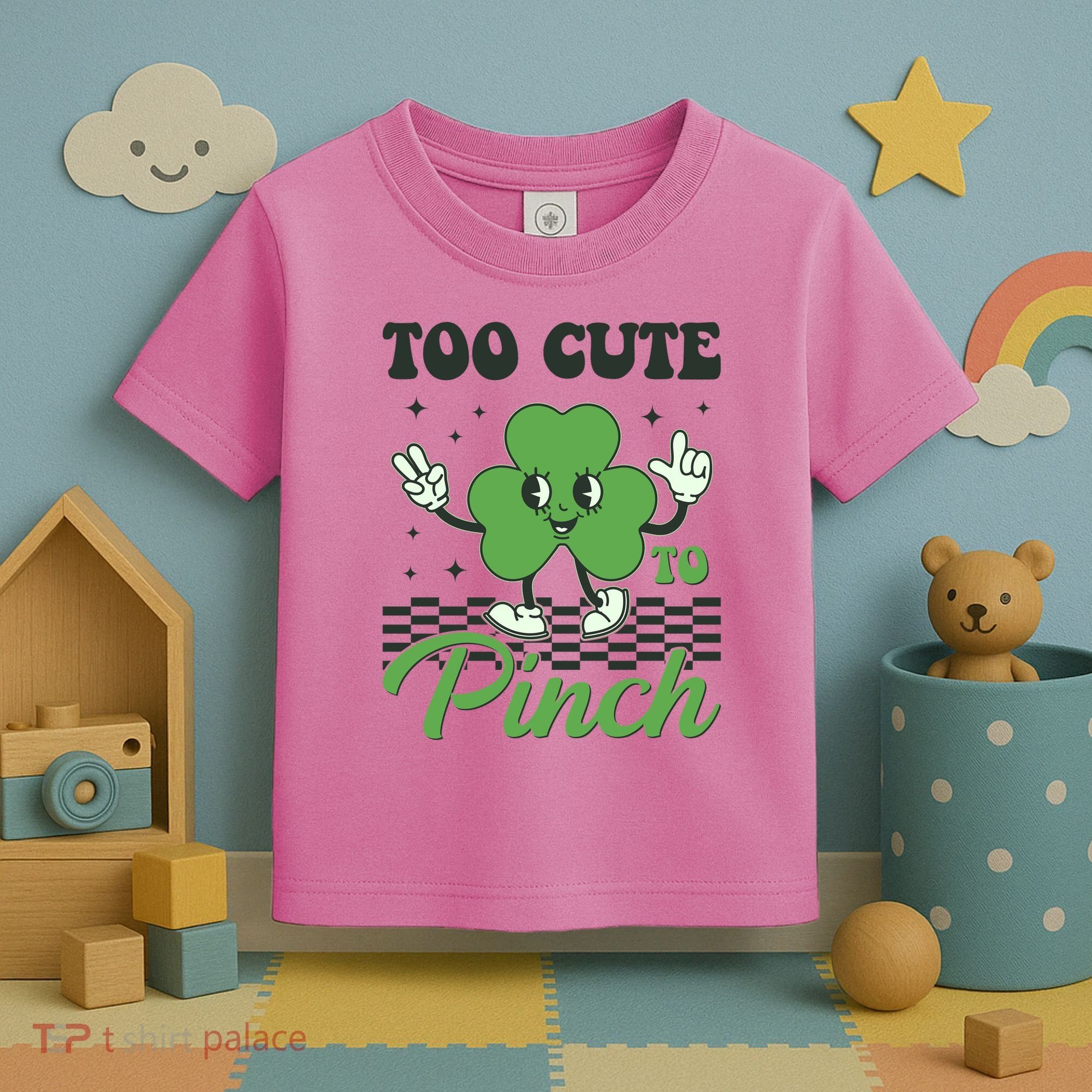 St Patricks Day Too Cute To Pinch Retro Cartoon Shamrock Clover Toddler T-Shirt