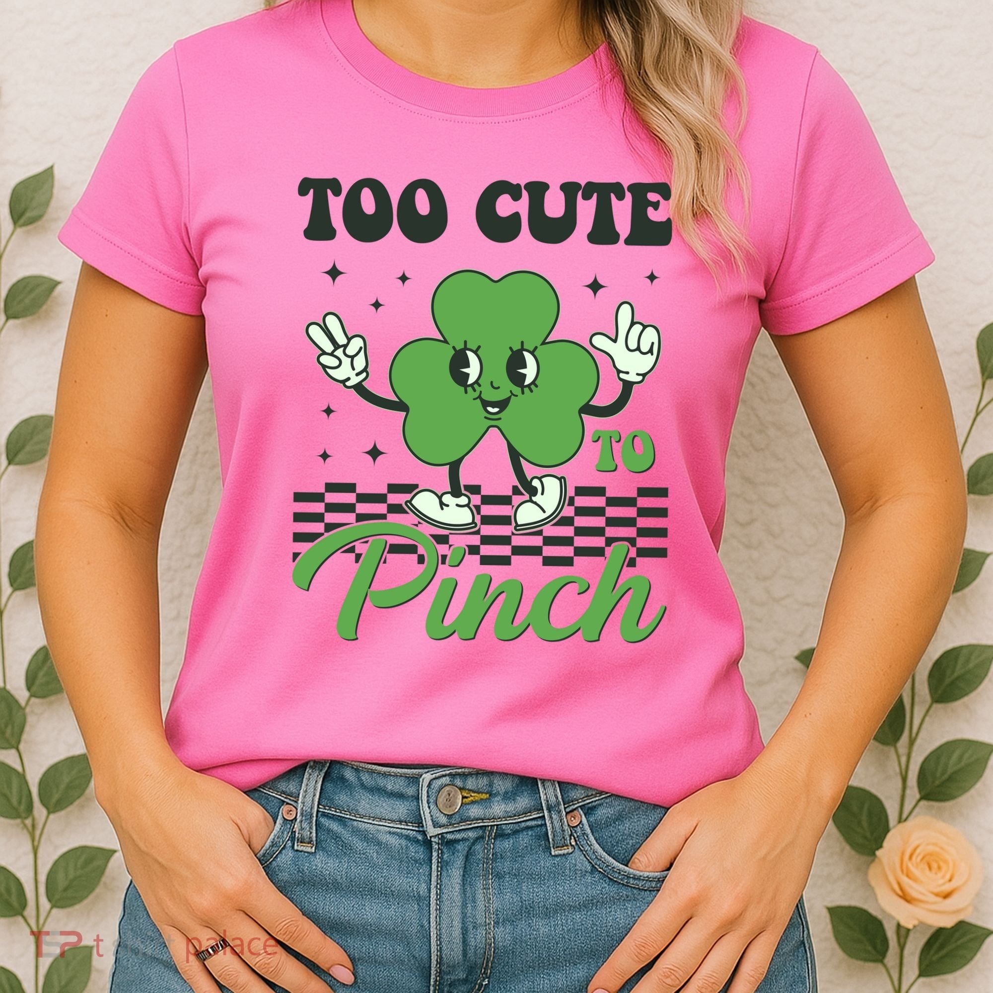 St Patricks Day Too Cute To Pinch Retro Cartoon Shamrock Clover Women's T-Shirt