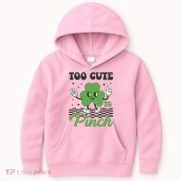 St Patricks Day Too Cute To Pinch Retro Cartoon Shamrock Clover Kids Hoodie thumb 0