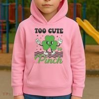 St Patricks Day Too Cute To Pinch Retro Cartoon Shamrock Clover Kids Hoodie thumb 2