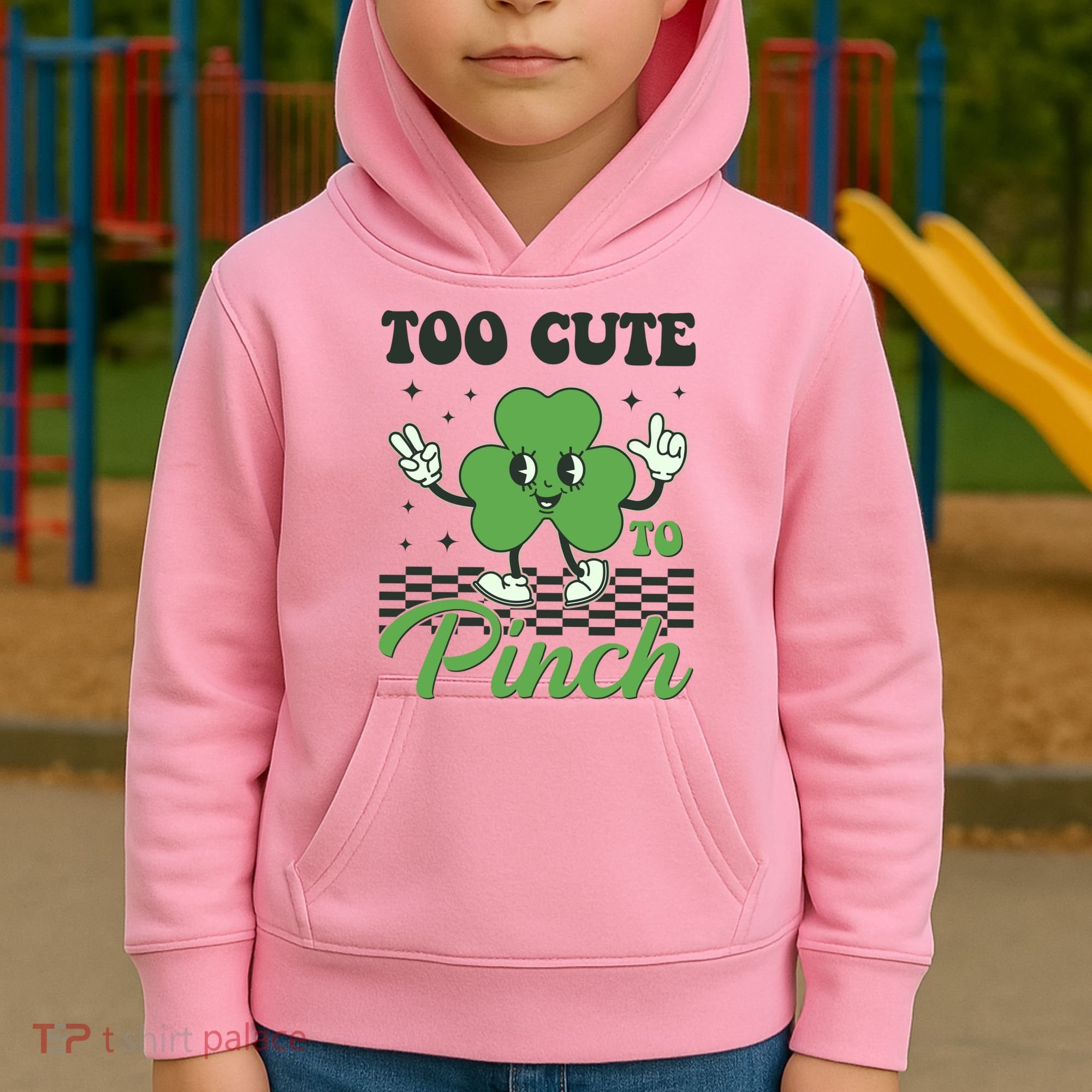 St Patricks Day Too Cute To Pinch Retro Cartoon Shamrock Clover Kids Hoodie