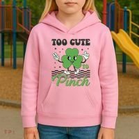 St Patricks Day Too Cute To Pinch Retro Cartoon Shamrock Clover Kids Hoodie thumb 3