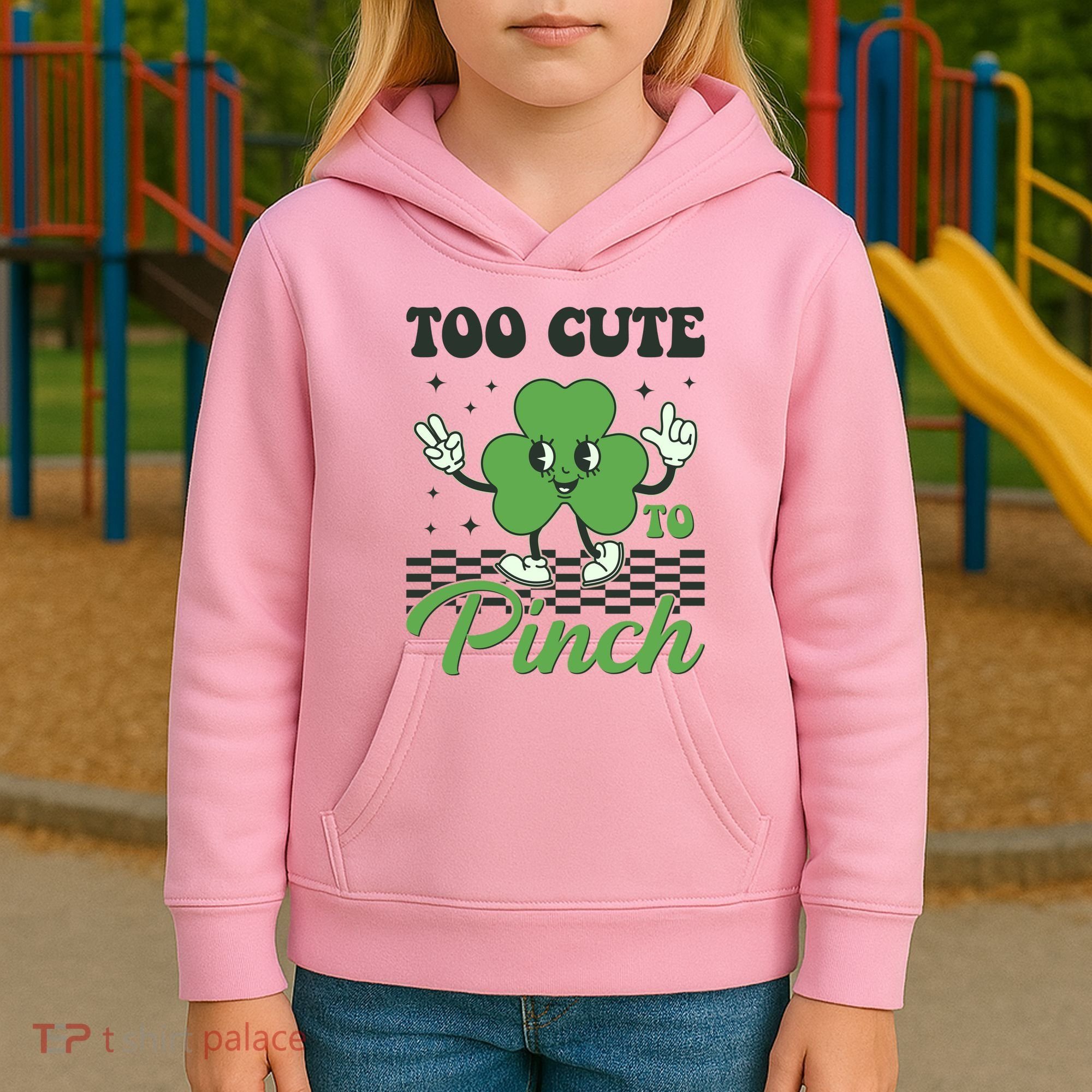 St Patricks Day Too Cute To Pinch Retro Cartoon Shamrock Clover Kids Hoodie