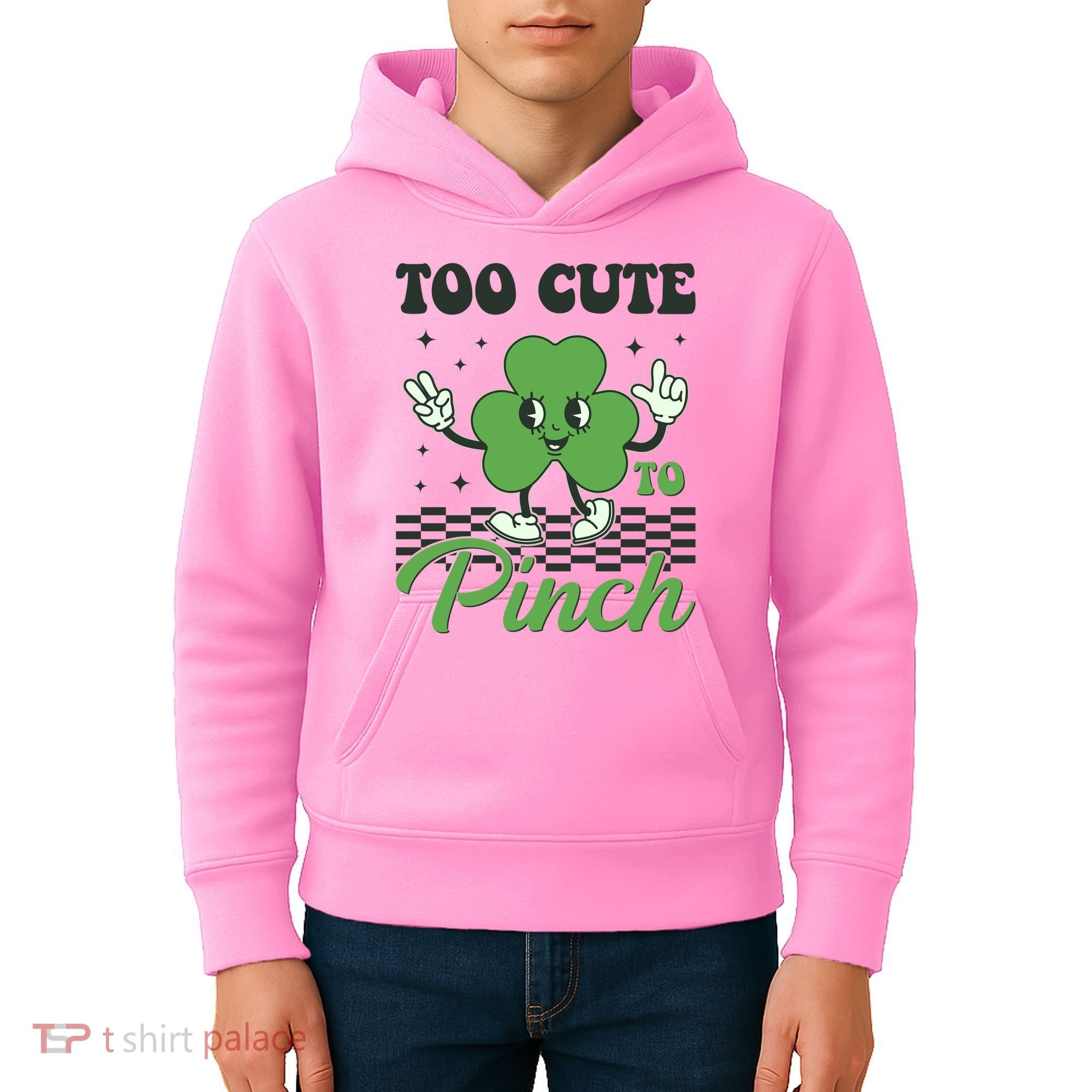 St Patricks Day Too Cute To Pinch Retro Cartoon Shamrock Clover Kids Hoodie