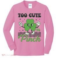 St Patricks Day Too Cute To Pinch Retro Cartoon Shamrock Clover Kids Long Sleeve Shirt thumb 0