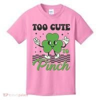 St Patricks Day Too Cute To Pinch Retro Cartoon Shamrock Clover Kids T-Shirt thumb 0