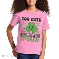 St Patricks Day Too Cute To Pinch Retro Cartoon Shamrock Clover Kids T-Shirt thumb 2