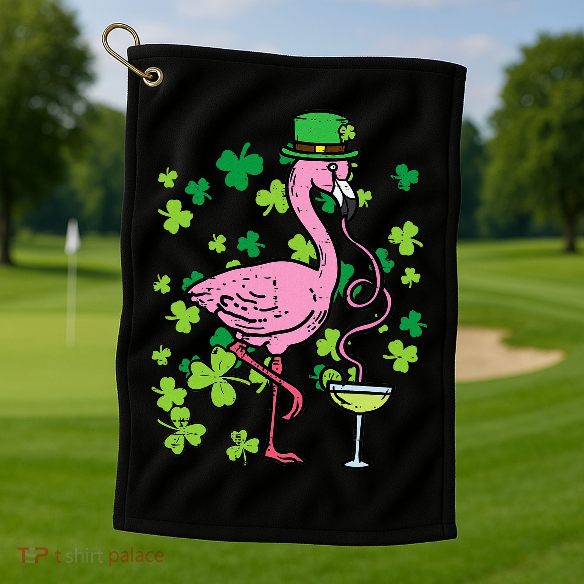 St Patricks Day Irish Flamingo Saint Pattys Paddys Golf Towel