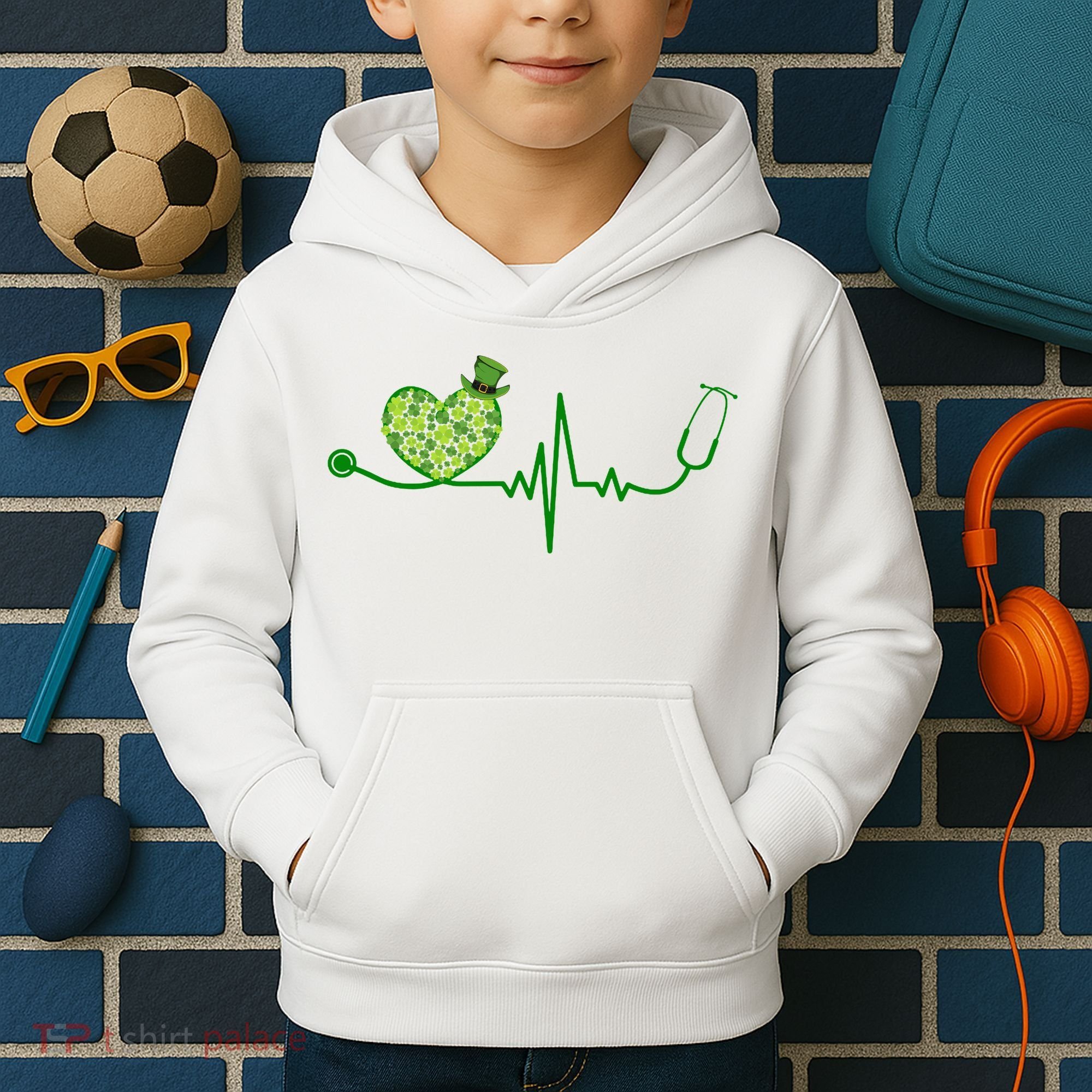 St Patricks Day Heartbeat Nurse Kids Hoodie